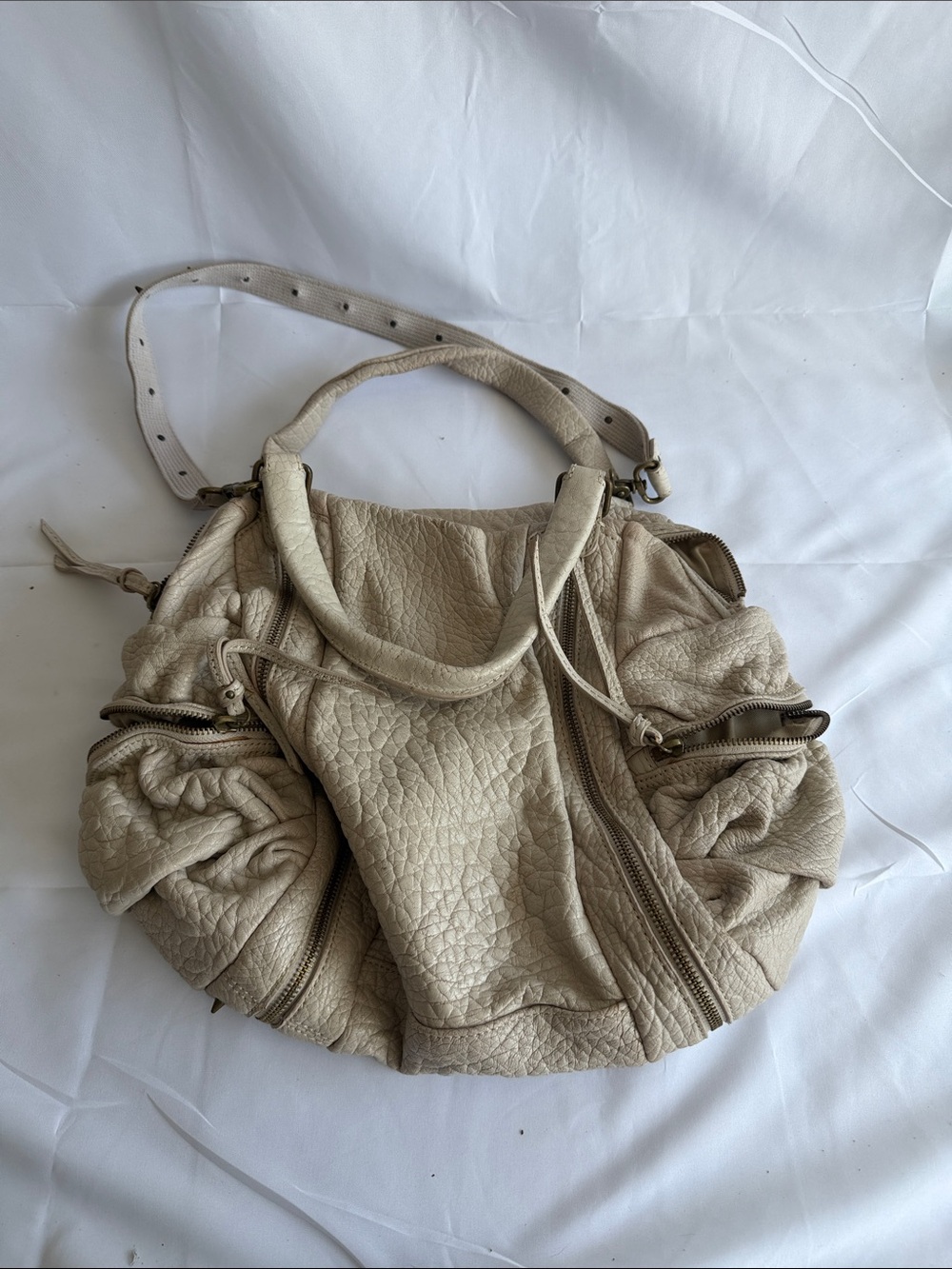 Neutral Cream Textured Leather Shoulder Bag